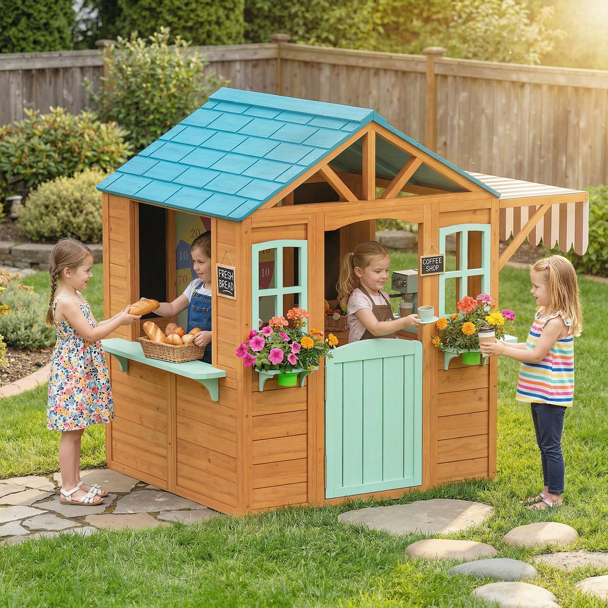 Outdoor Kinderspielhaus mit Verkaufstheke Pflanzenkasten Kreidetafel Zieltuch 4 Ball 142 x 120 x 141,5 cm Mehrfarbig