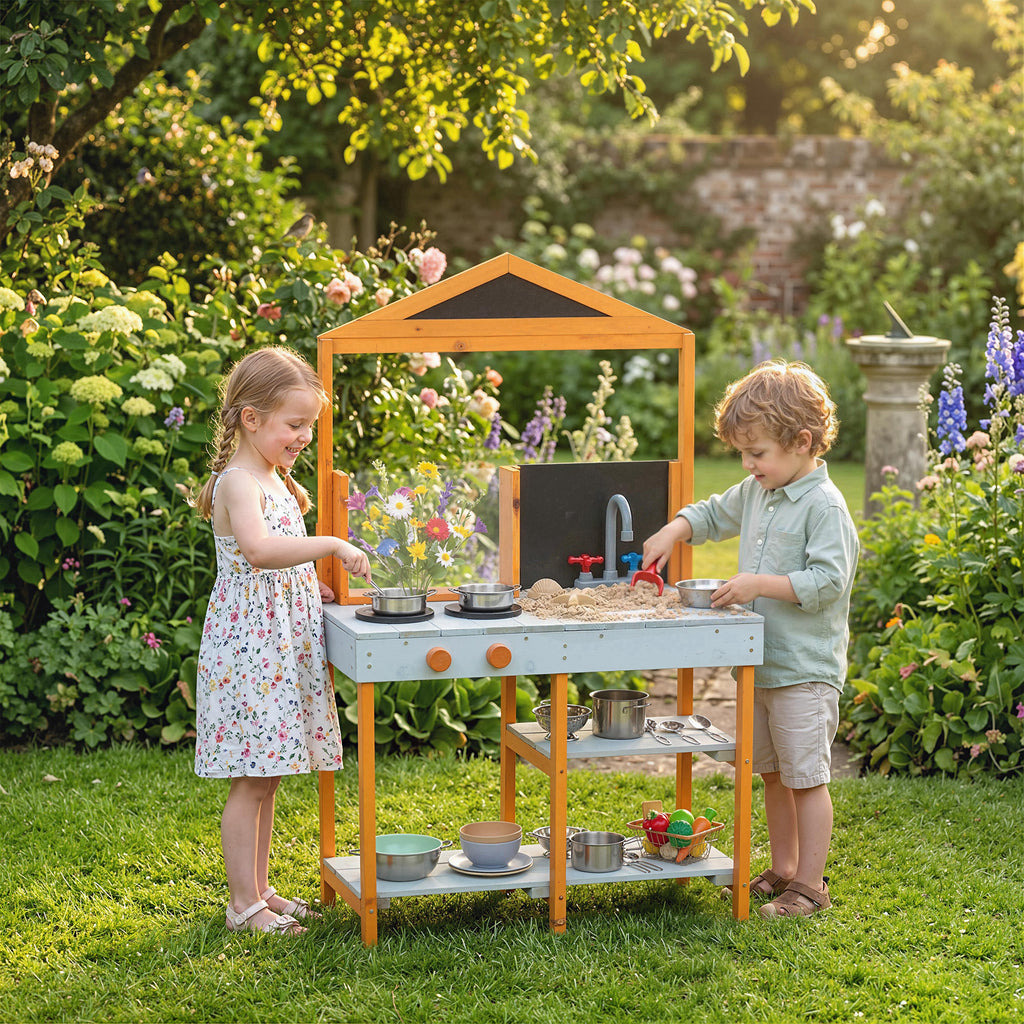Mud Kitchen for Kids, Outdoor Wooden Play Kitchen with Sink, Stove, Cookware, Shelves, Pretend Play Toy for Ages 3-8