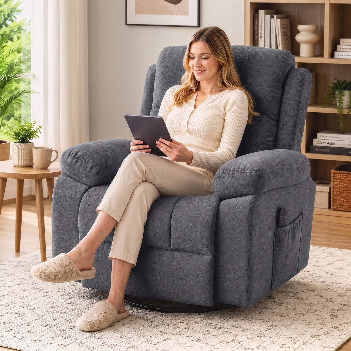 Relaxsessel Fernsehsessel 360° Drehbarer Massagesessel mit Wärme, Massage, Chenille-Optik, Dunkelgrau