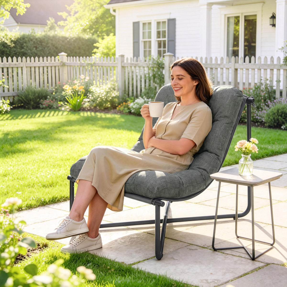Lounge Sessel Outdoor Ergonomischer Gartensessel mit hautfreundlich Kissen Breiter Sitz Stahlrahmen Dunkelgrau