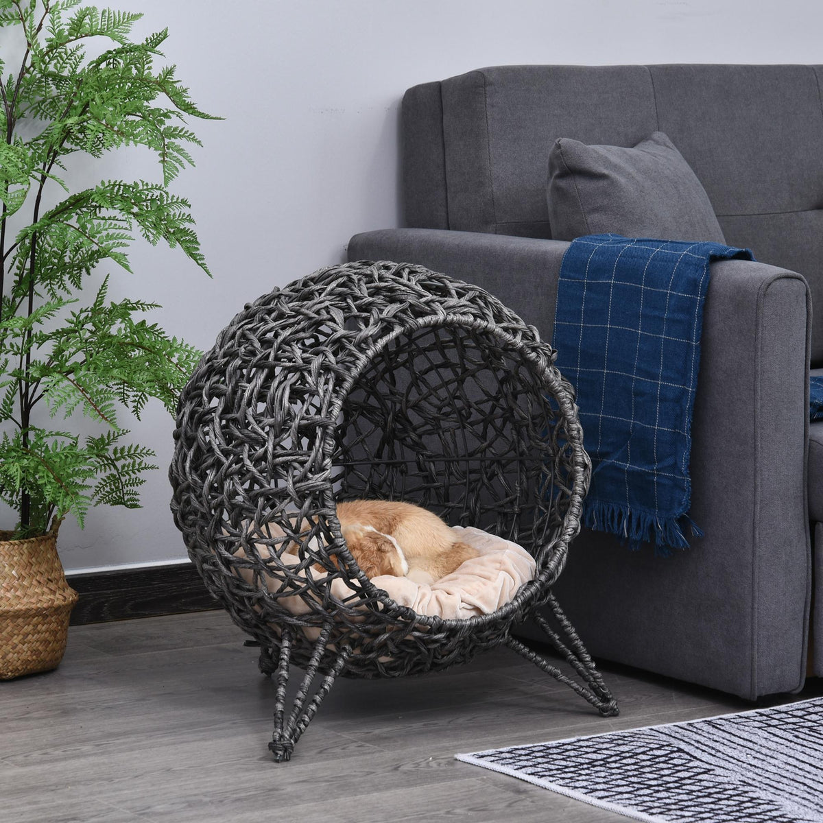 Raised Rattan Cat House, with Cushion - Silver-Tone & Grey