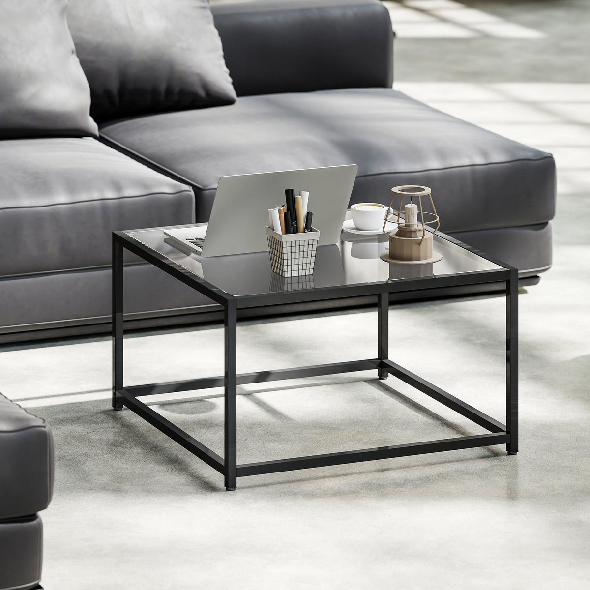 Beistelltisch Quadratisch Nachttisch mit Hartglas-Tischplatte, Couchtisch mit Beinen aus Stahl 68 x 68 x 39 cm Schwarz
