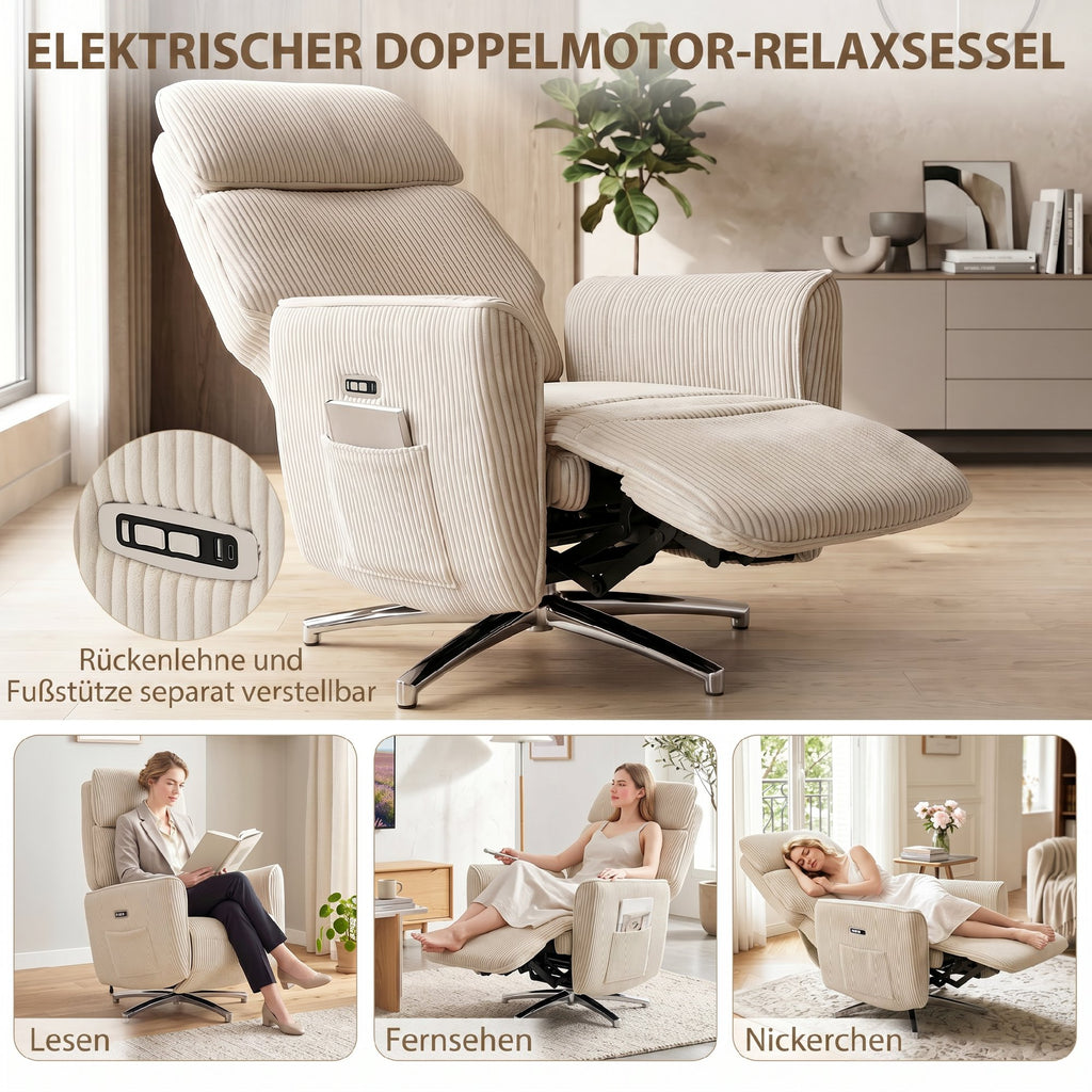 2 Motoren Relaxsessel Elektrisch Verstellbar Drehbar Creme