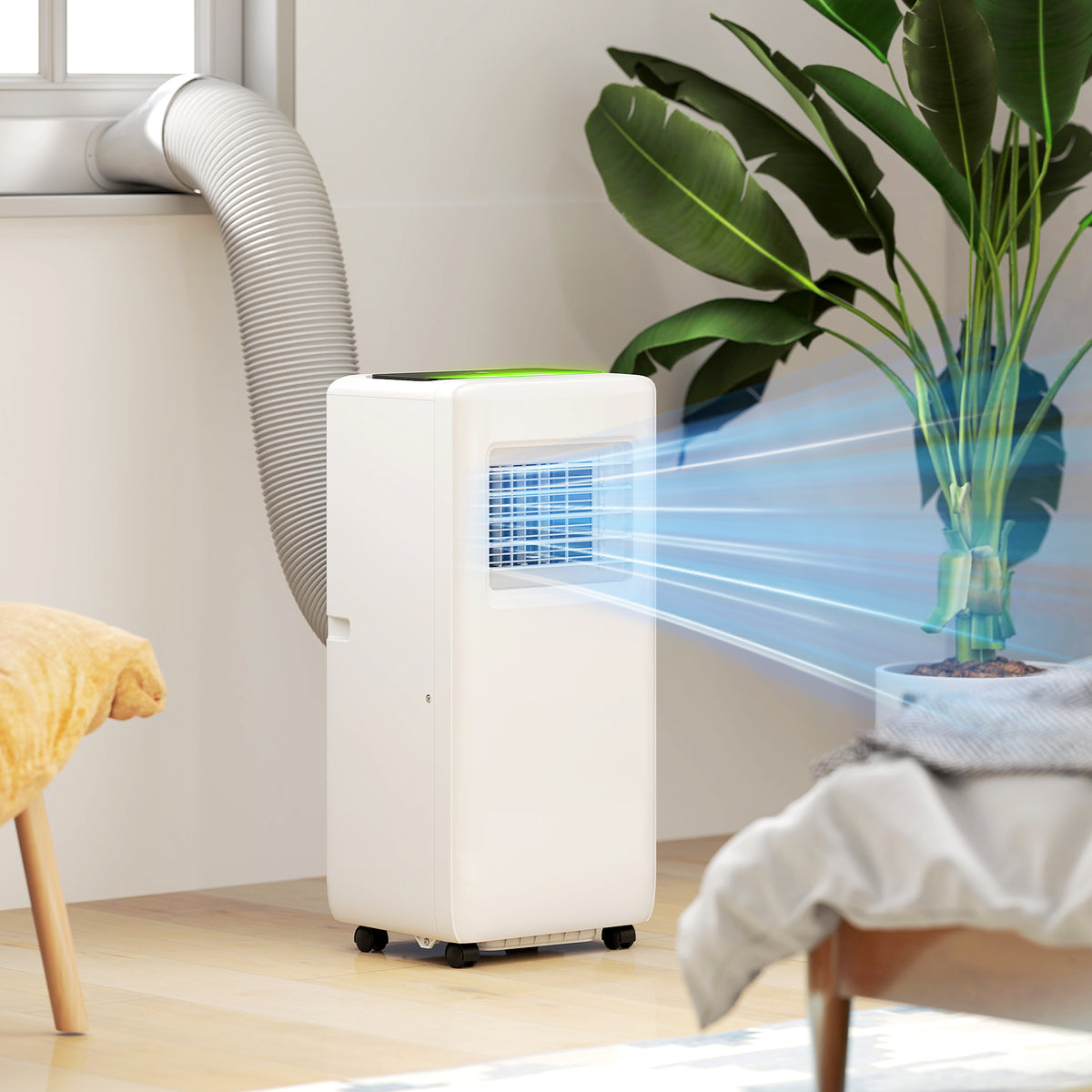 Mobile Klimaanlage, verschiedene Einstellungen, LED-Display, Timer, Räder, Weiß