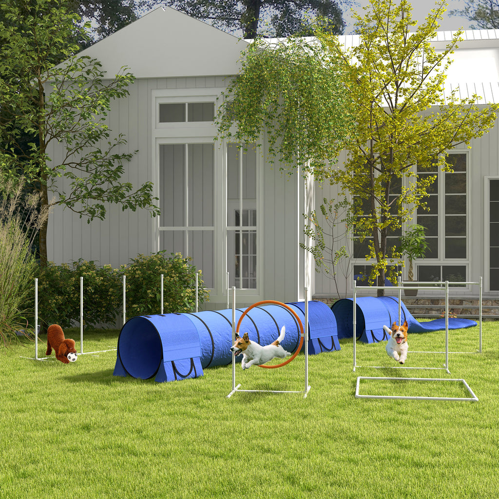 Hunde-Agiliy-Set Hundeparcours, 1 Reifen, 2 Tunnel 2 Hürden, 321 cm x 63c m x 93 cm, Blau + Rot+ Weiß