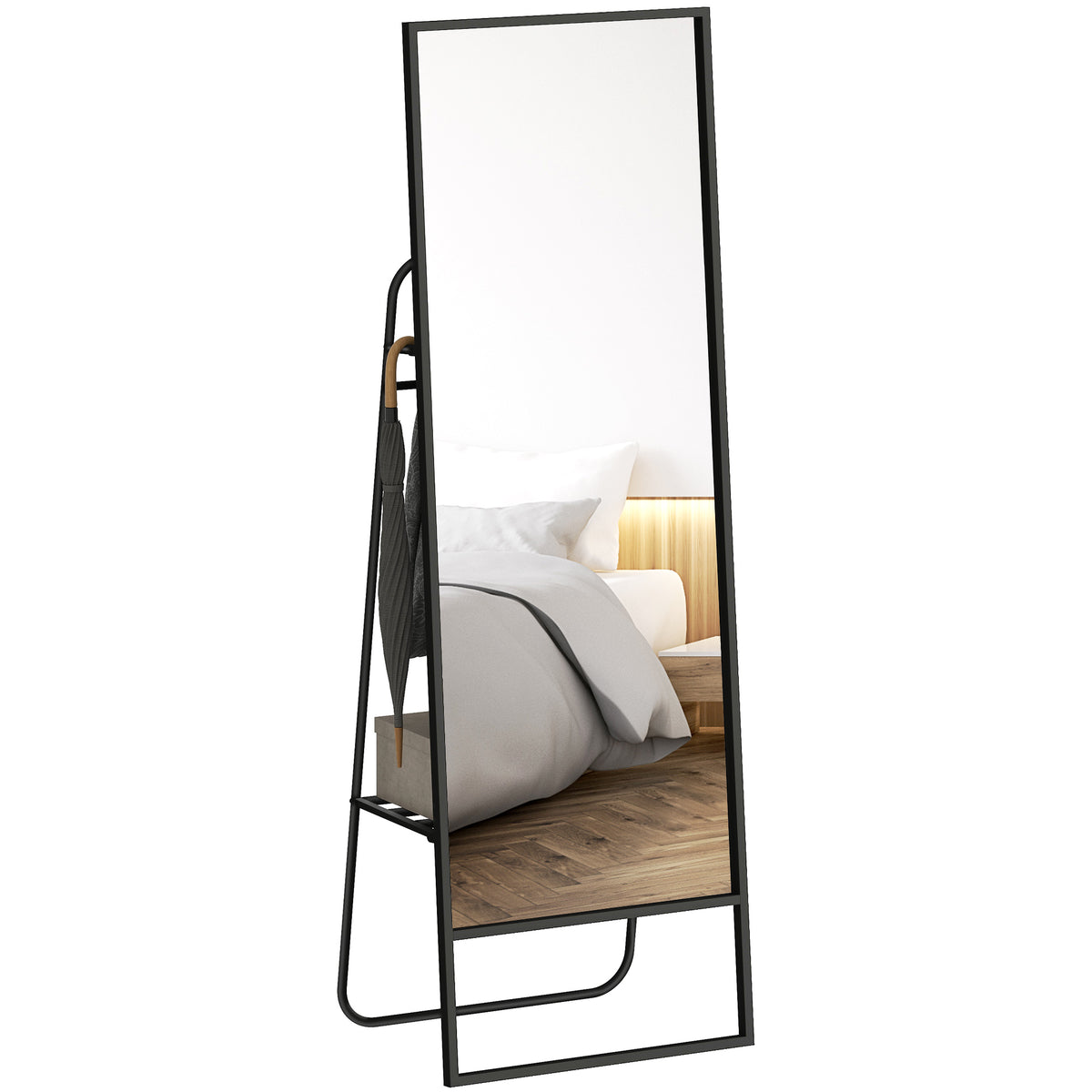 Ganzk?rperspiegel, industrielles Design, hinteres Regal, 2 Haken, Metallrahmen, f¨¹r Schlafzimmer, 157 x 50 cm, Schwarz
