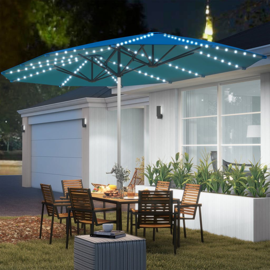 Doppelschirm mit Solar-Lichtern, Aluminium, Polyester, UPF50+ Schutz, UV-best?ndig, Terrassenschirm, Blau