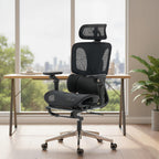 Bürostuhl Ergonomisch Schreibtischstuhl mit verstellbar Lenden- und Kopfstütze 6D-Klapparmlehnen Fußstütze Netz Schwarz