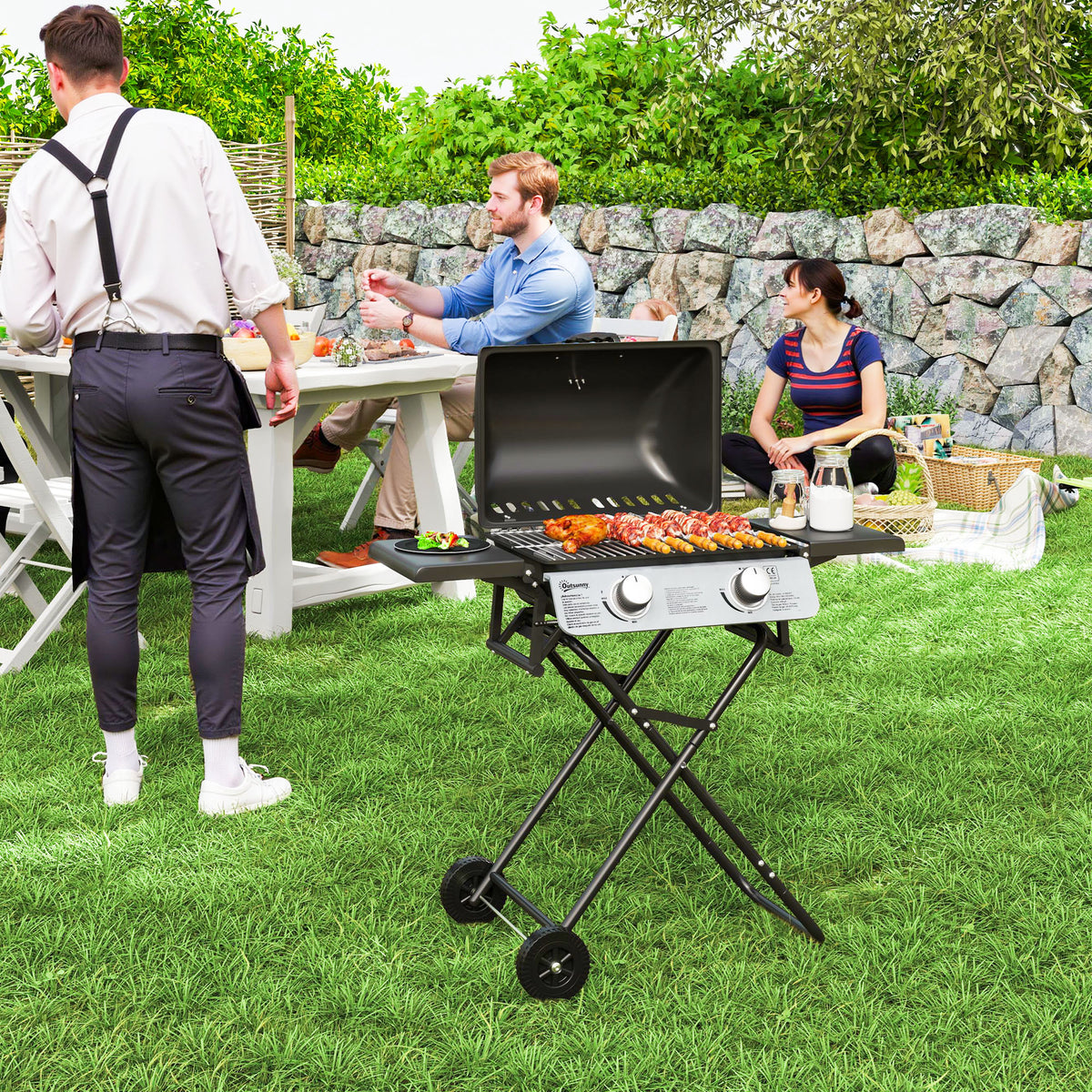 Gasgrill 5,6 KW Grillwagen inkl 2 Edelstahl-Brenner klappbar Seitenablagen Rolle 101 x 50 x 102 cm Schwarz