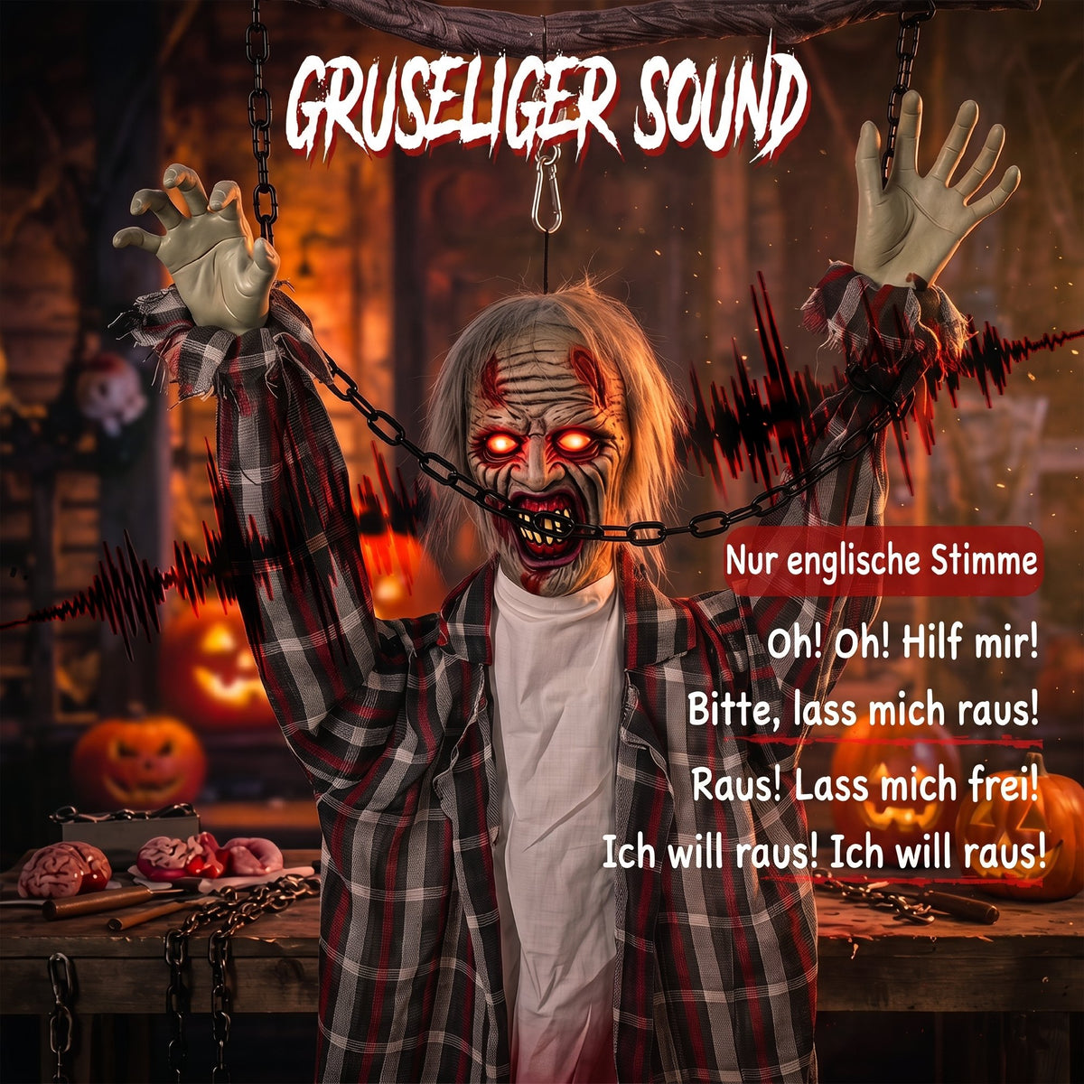 110cm Screaming Animated Hanging Halloween Decoration, Sound Touch Activated Zombie Decor with Glowing Red Eyes
