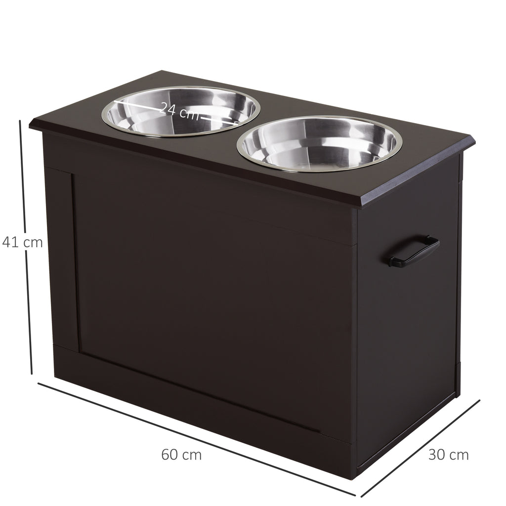 Futterstation, 2 Fressnäpfe aus Edelstahl, versteckter Stauraum, 60 cm x 30 cm x 41 cm, Schwarz + Silber