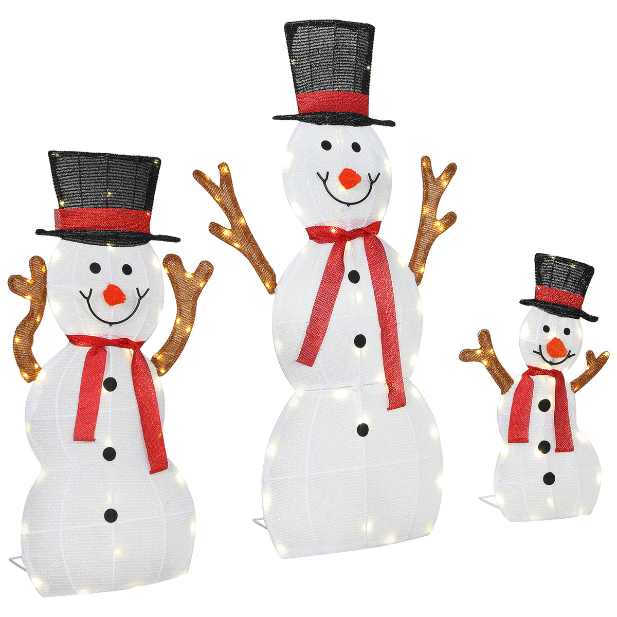 3-teilige weihnachtliche Schneemann-Familie, Außendekoration, LED-Lichter, Bodenpfähle, wasserfest, Stahl, Polyester, Weiß