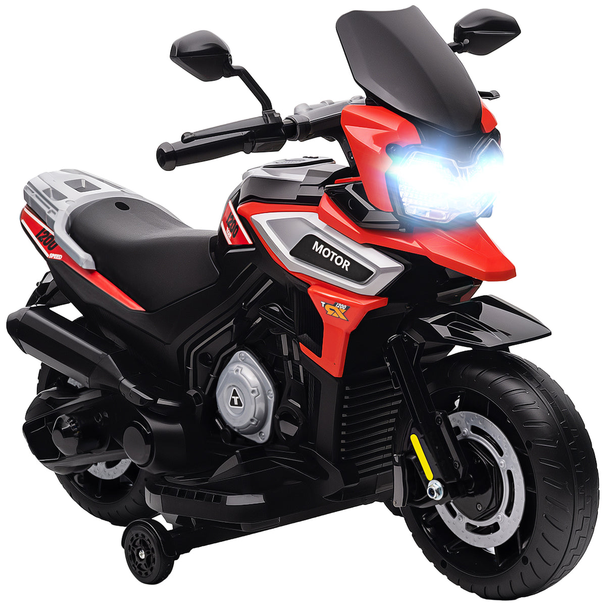 Elektro-Motorrad f¨¹r Kinder von 18-36 Monaten, Aufsitz-Fahrzeug, Hilfsr?der, Lichter, Musik, Kunststoff, Stahl, Rot