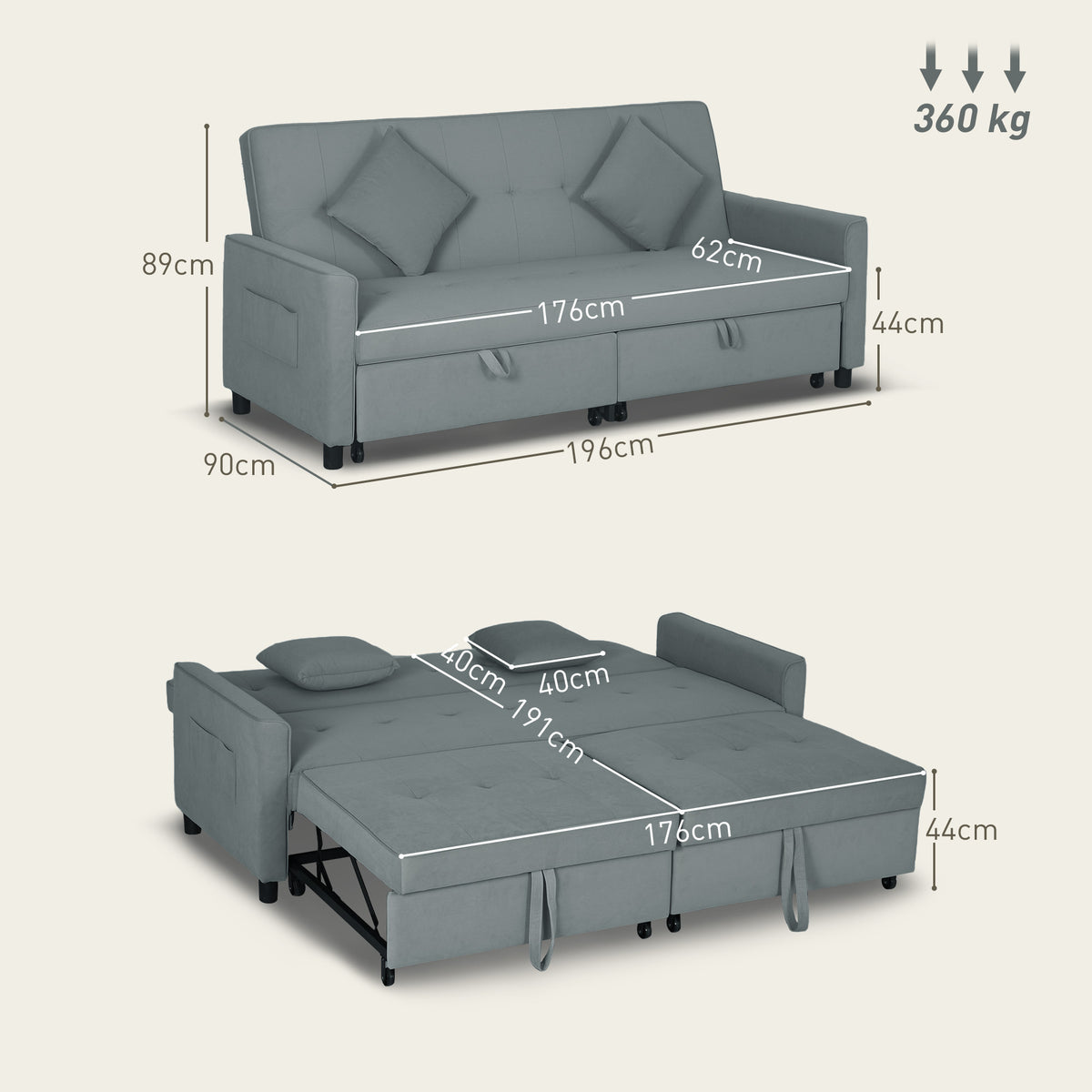 Sofabett, verstellbare 3-Sitzer-Couch mit Bettfunktion, Schlafsofa mit ausziehbarem Bett, Kissen, Grau
