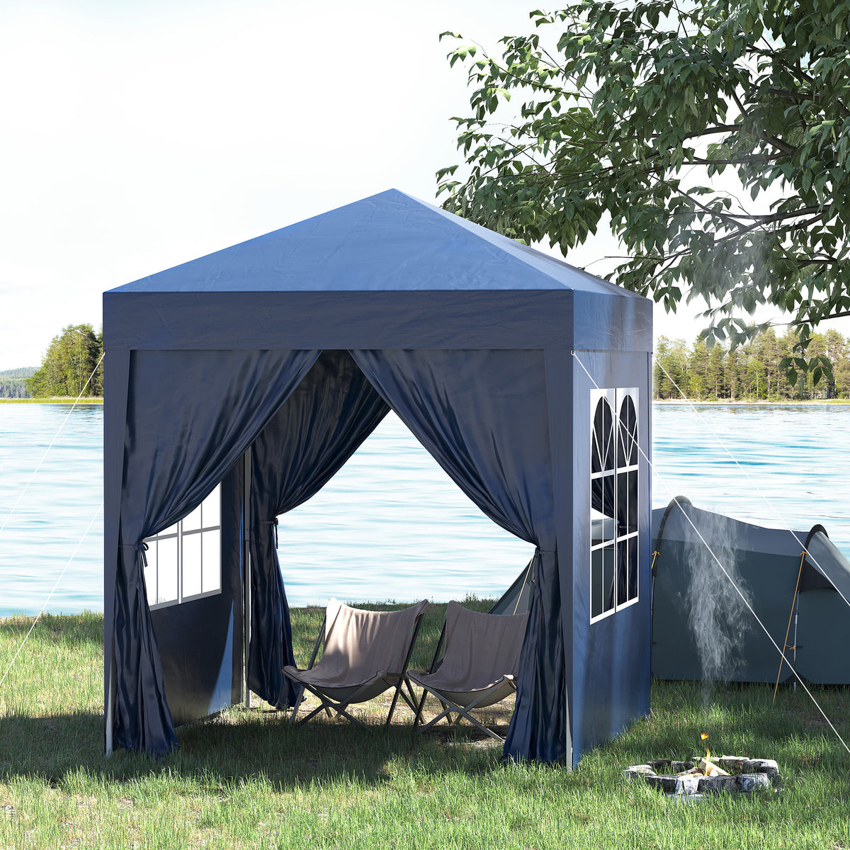 Faltpavillon, Bierzelt, 4 abnehmbare Seitenwände, 2 Fenster, Metallrahmen, 2 x 2m, Blau