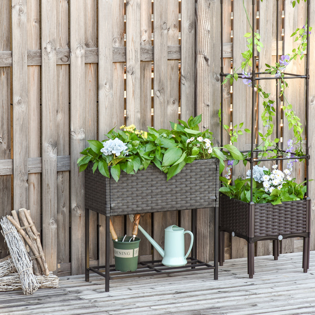 Hochbeet, Blumenkasten, tiefe Ablage, Metallrahmen/Polyrattan, 70 x 30 x 70 cm, Dunkelbraun