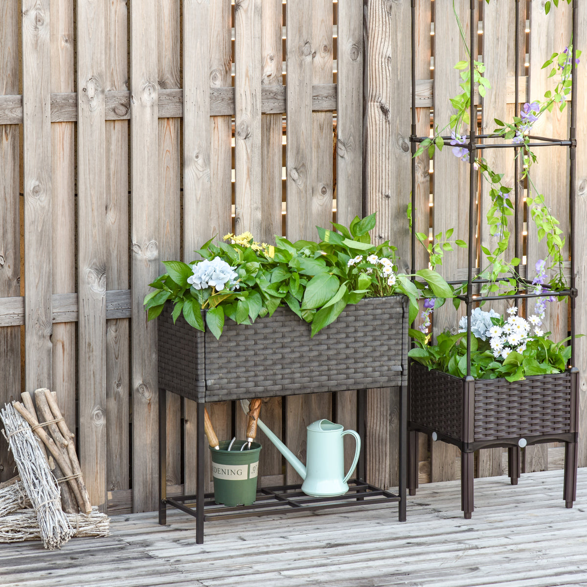 Hochbeet, Blumenkasten, tiefe Ablage, Metallrahmen/Polyrattan, 70 x 30 x 70 cm, Dunkelbraun