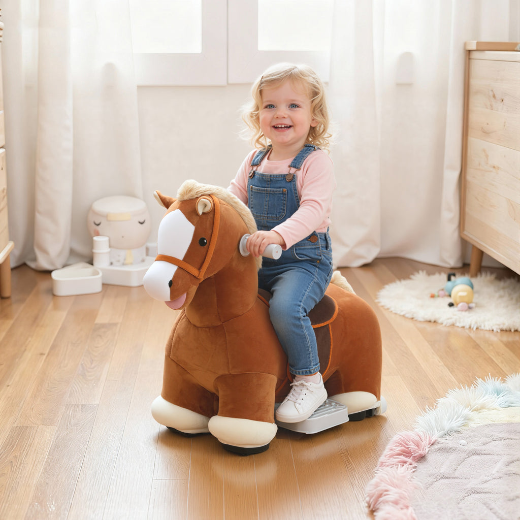 Fahrbares Reitpferd für Kinder, weicher Bezug, Batteriebetrieb, Musik, Räder, 1,5-5 Jahre, Braun