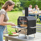 Outdoor Pizzaofen Holzbefeuerter Pizza Ofen Edelstahl 2 Ebene Backofen mit 1cm dick Pizzastein Klappbein