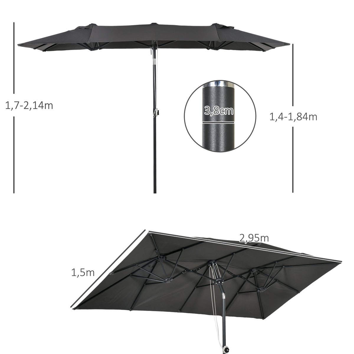 Gro?er Sonnensschirm, h?henverstellbar, neigbar, 150x295x170-214 cm, Grau
