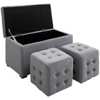 3-teiliges Set mit Stauraum, 2 x Sitzhocker, Polster-Sitztruhe, Fußhocker, Aufbewahrungsbox, Fußablage, belastbar bis 130 kg, Mikrofaserstoff, Schaumstoff, 75 x 40 x 42 cm, Hellgrau
