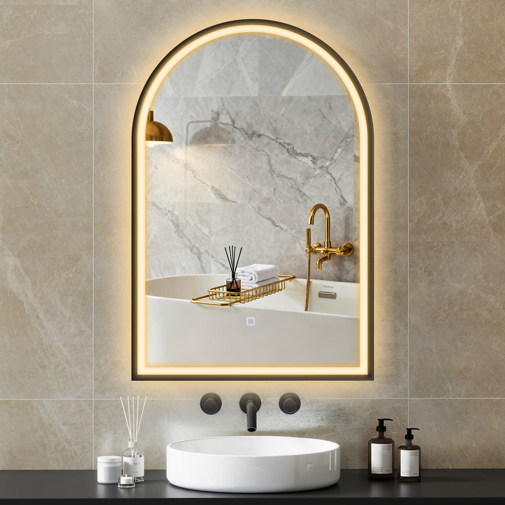 LED Badezimmerspiegel 60 x 90 cm mit Beleuchtung, Front- & Rückbeleuchtung, Memory-Funktion, Touch-Schalter, Schwarz