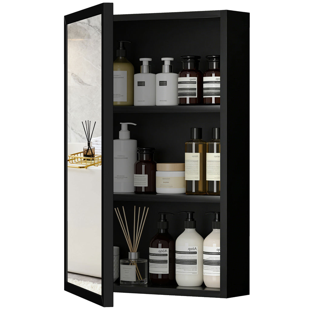 Spiegelschrank, Badschrank, 3 Regalfächer, Edelstahl, 40x12x60cm, Schwarz