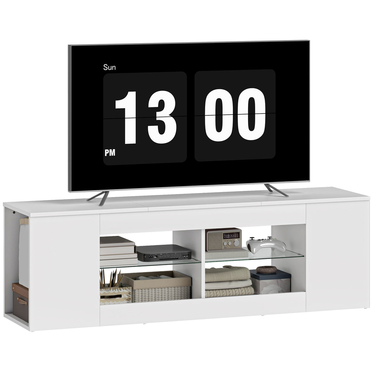 140 cm TV-Ständer, Fernseh-Kommode, 6 Fächer, 2 Glasregale, Spanplatte, Weiß
