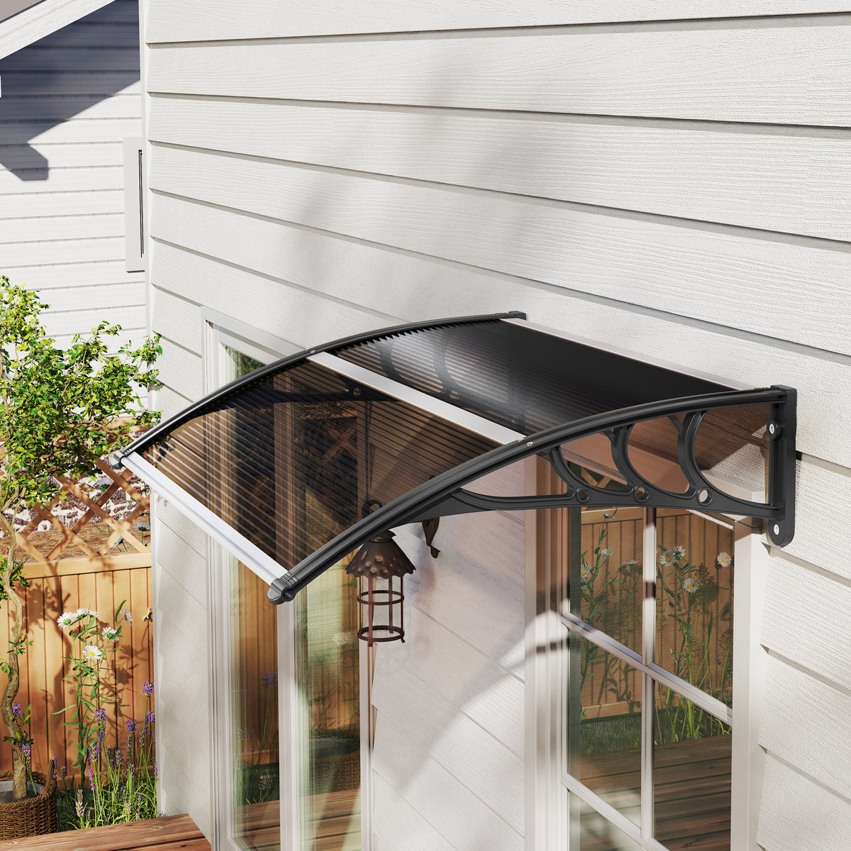 Front Door Canopy Outdoor Awning Aluminium Rigid Plastic Polycarbonate Rain Shelter UV Water Rain Resistant 120 x 75cm Brown