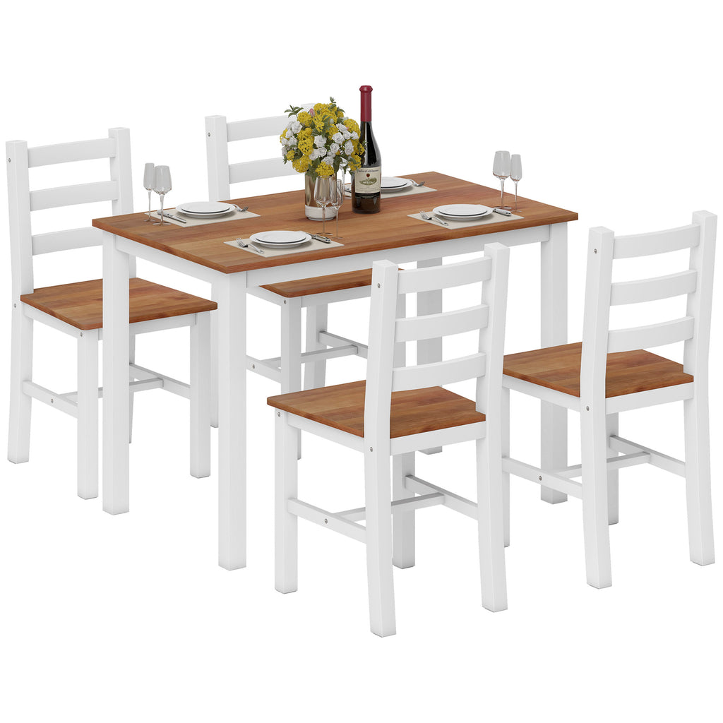 Essgruppenset, Esstisch, 4 Stühle, Esszimmerset, Kiefernholz, Braun+Weiß