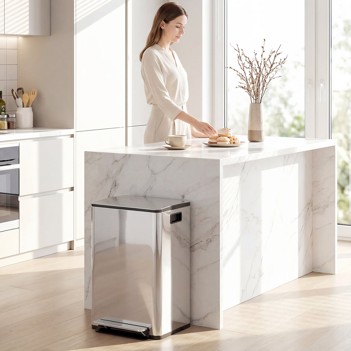 40L Dual Compartment Stainless Steel Bin, with Deodoriser Holders - Silver Tone