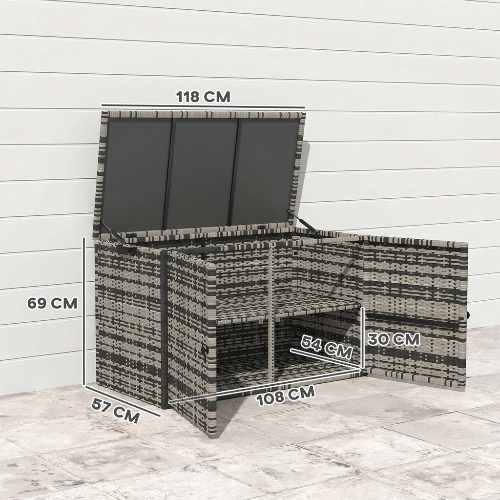 Rattan Auflagenbox 350L 2-Ebenne Kissenbox mit Deckel Hebestangen Tragegriffe 118 x 57 x 69 cm Mischgrau