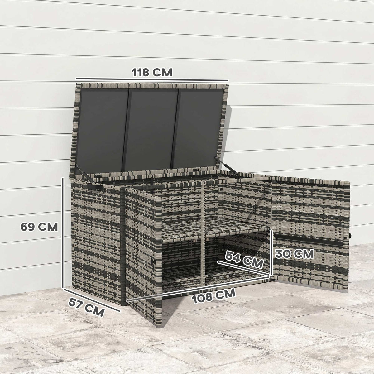 Rattan Auflagenbox 350L 2-Ebenne Kissenbox mit Deckel Hebestangen Tragegriffe 118 x 57 x 69 cm Mischgrau