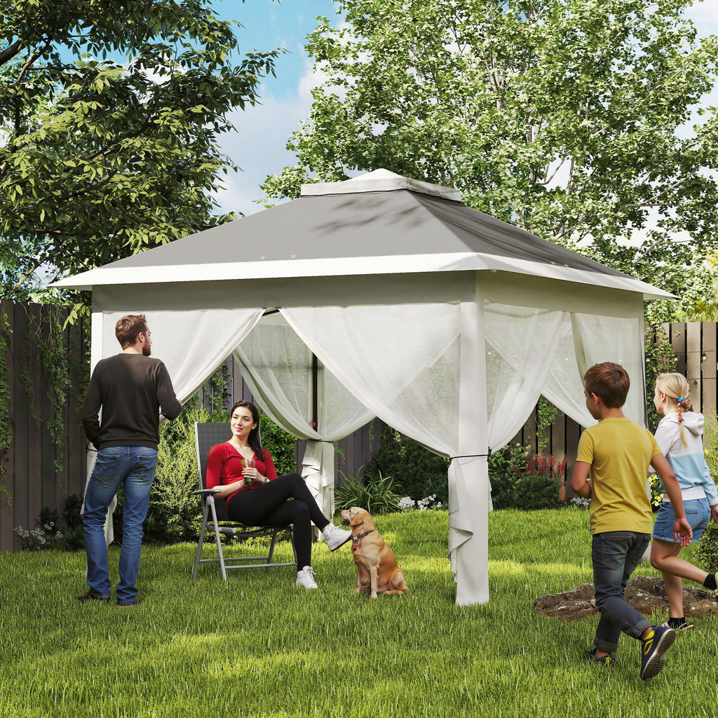 Pop Up Canopy Tent with Double Roof, Zipped Mesh Sidewalls, Carrying Bag, Height Adjustable for Patio Garden, Dark Grey