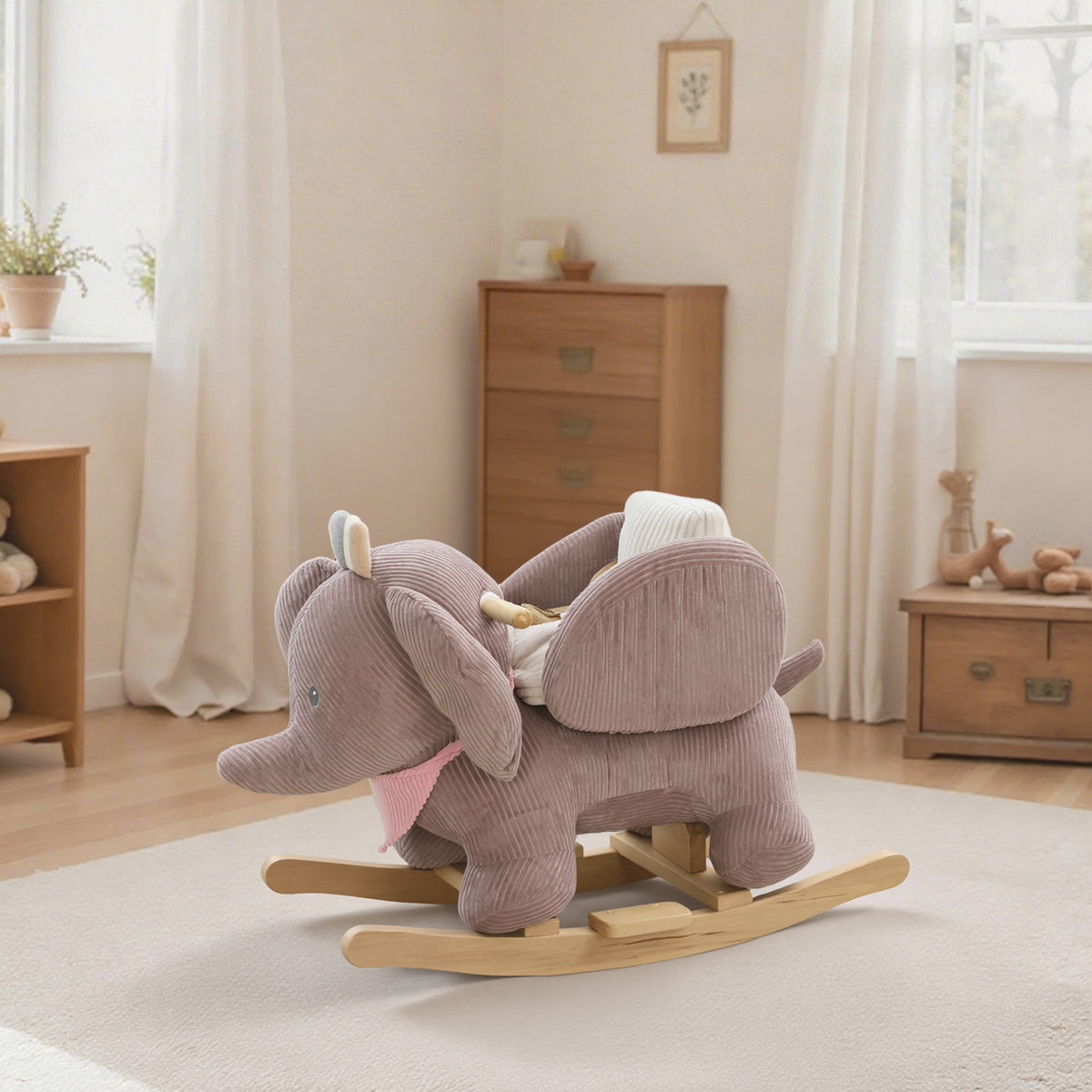 Schaukeltier, Elefant-Schaukel, interaktive Tierger?usche, Holzrahmen, f¨¹r Kinder 1,5-3 Jahre, 65 x 32 x 49 cm, Braun