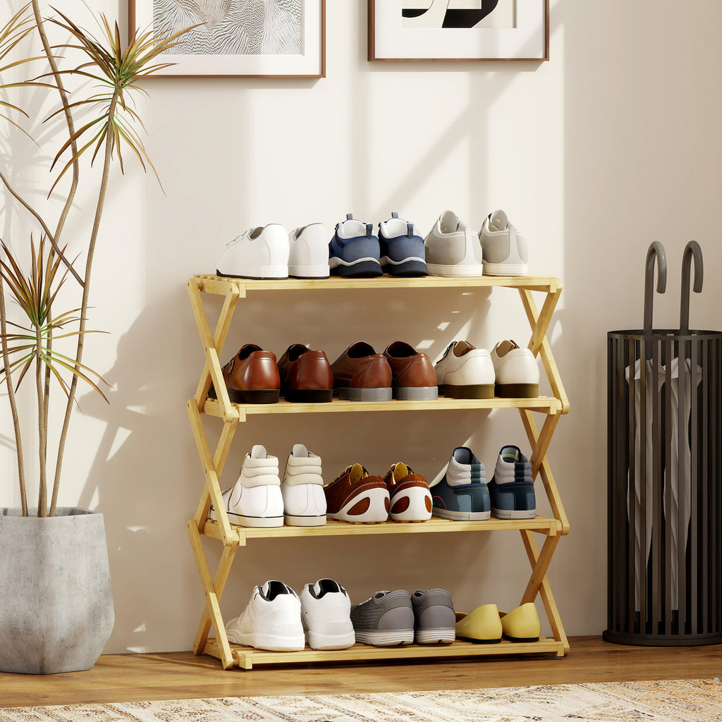 Four-Tier Folding Bamboo Shoe Rack - Natural Finish