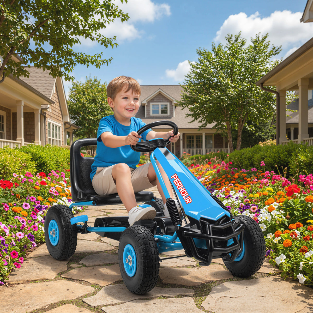 Kids Pedal Go Kart with Adjustable Seat, EVA Tyres, Manual Clutch, Brake, Go Kart for Kids 3-8 Years, Blue