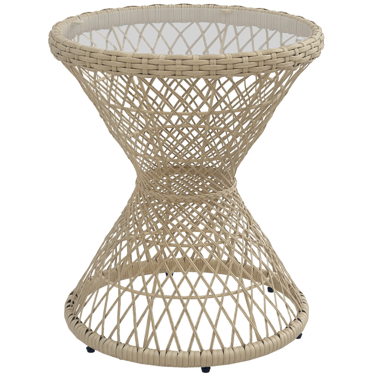 Couchtisch Beistelltisch Boho-Design, Glasplatte, PE-Rattan, 45 cm x 45 cm x 52 cm, Natur