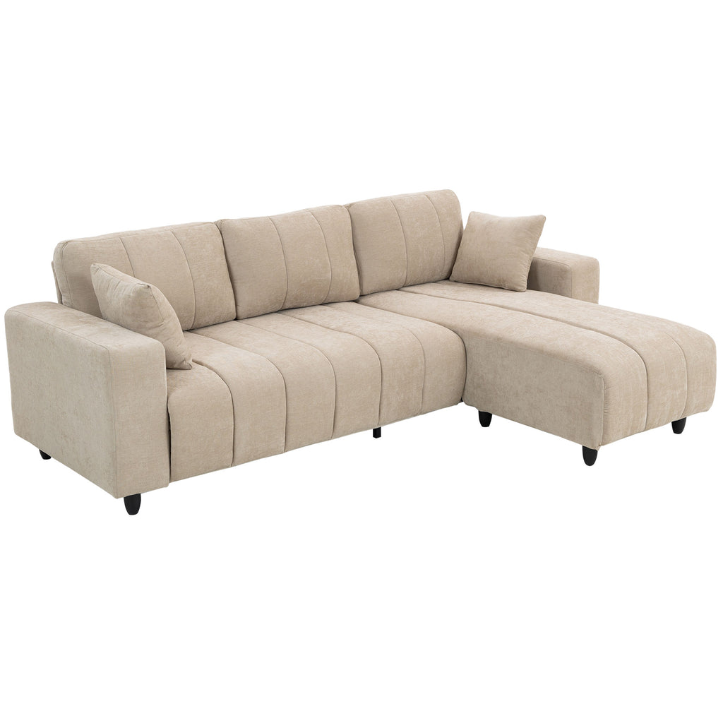L-förmiges Ecksofa mit flexibler Chaiselongue, 3-Sitzer-Couch mit 2 Kissen, Metallrahmen, für Wohnzimmer, Beige