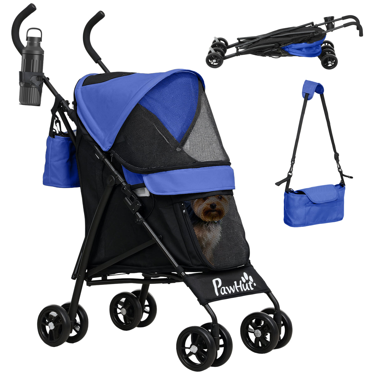 Foldable Dog Stroller, Lightweight Dog Pram w/ Shoulder Strap, Storage Bag, Cup Holder, Dark Blue