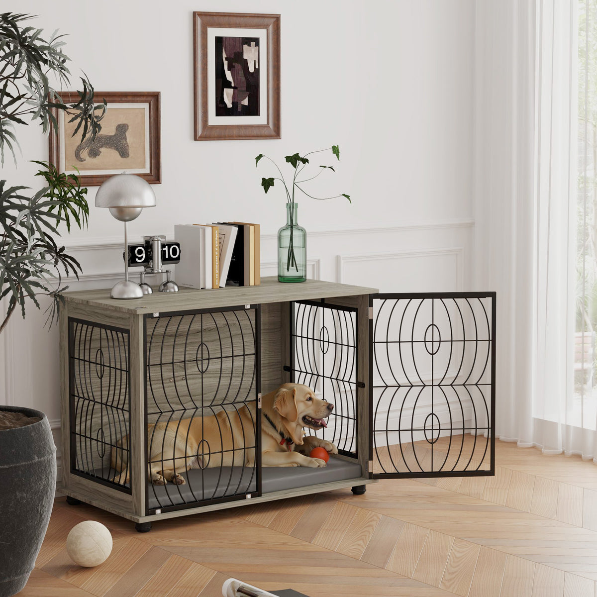 Hundebox, Hundekiste, Verschließbare Aufenthaltsbox für große Hunde, Grau