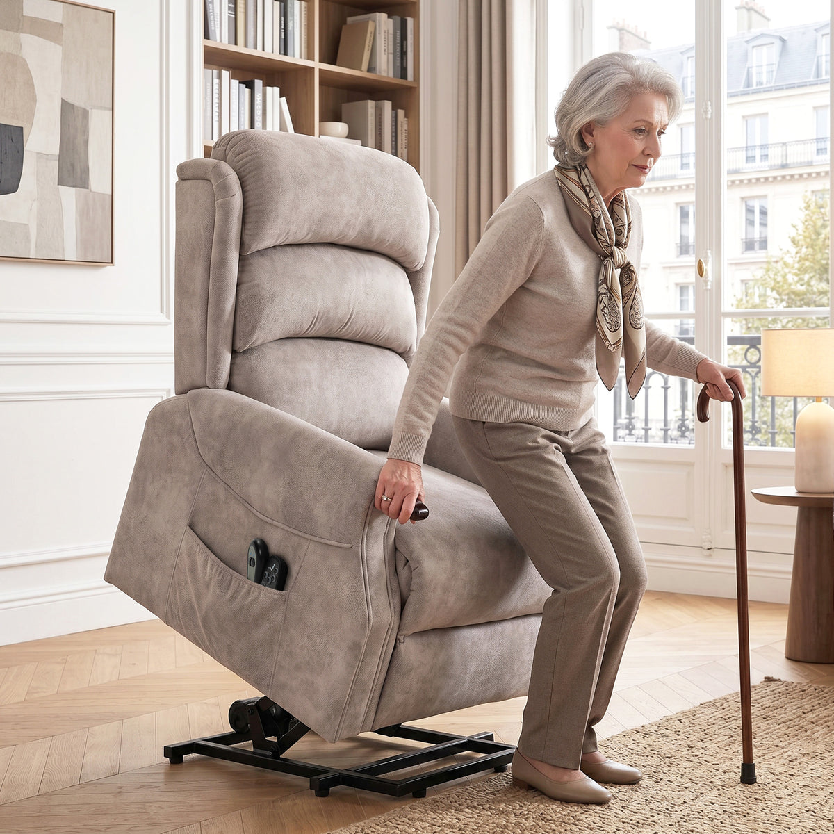 Fernsehsessel mit Aufstehhilfe Elektrisch Relaxsessel mit Vibrationsmassage, Wärme und Liegefunktion, Hellgrau