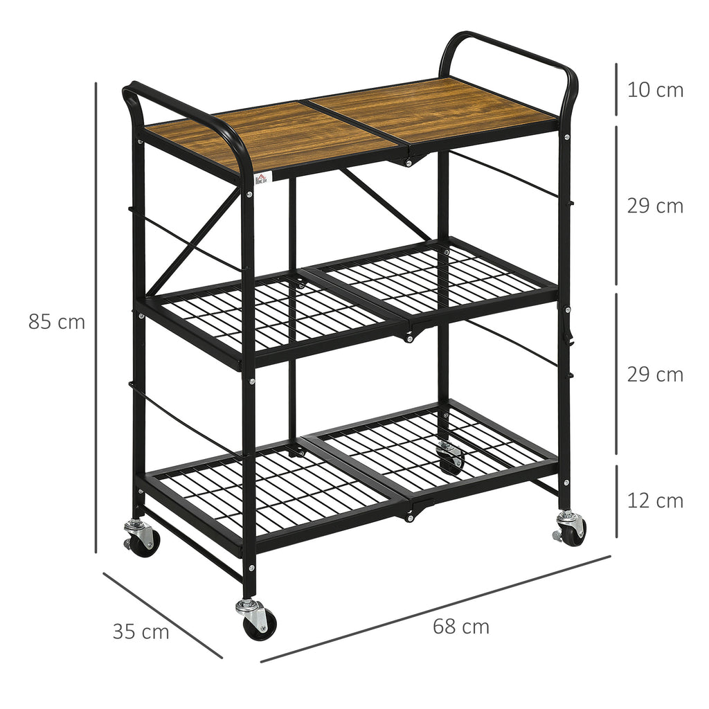 K¨¹chenwagen im Industriedesign, mit 3 Regalen, Mehrzweckwagen, Servierwagen, 4 R?der, klappbar, Braun + Schwarz