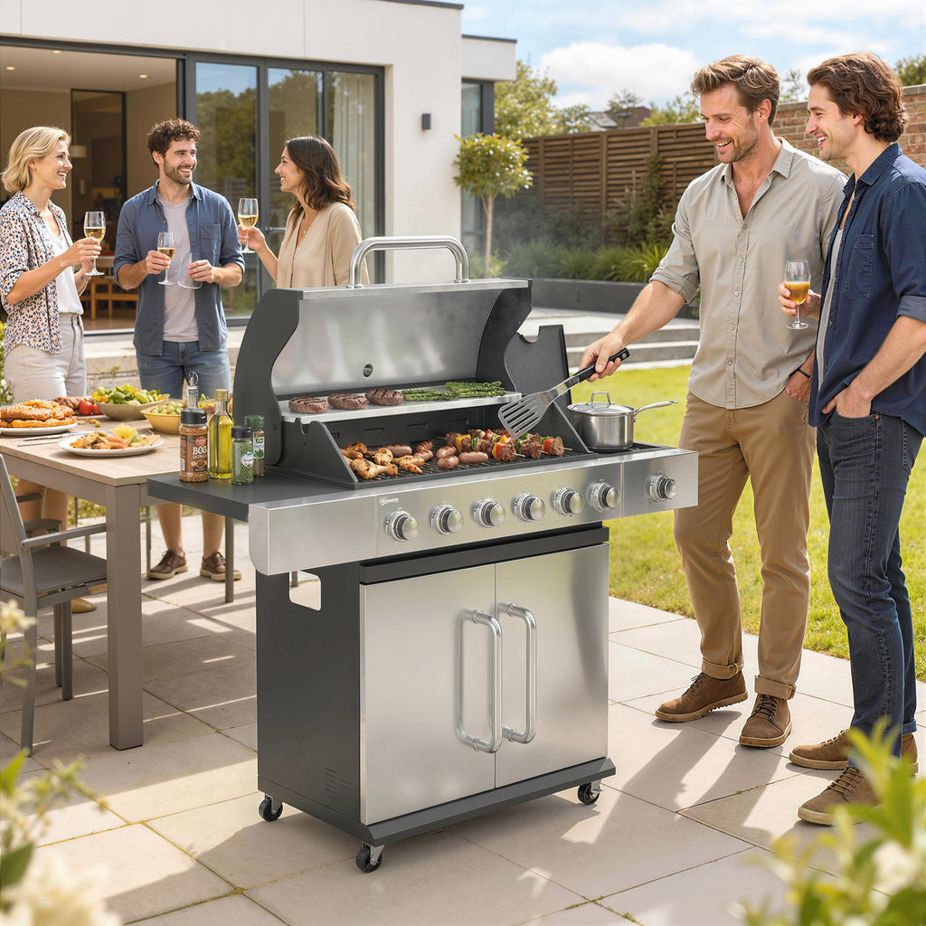 Gasgrill 18,6 KW 6+1 Brenner BBQ Grillwagen aus Edelstahl inkl Rolle Thermometer Warmhalterost Seitentisch Unterschrank