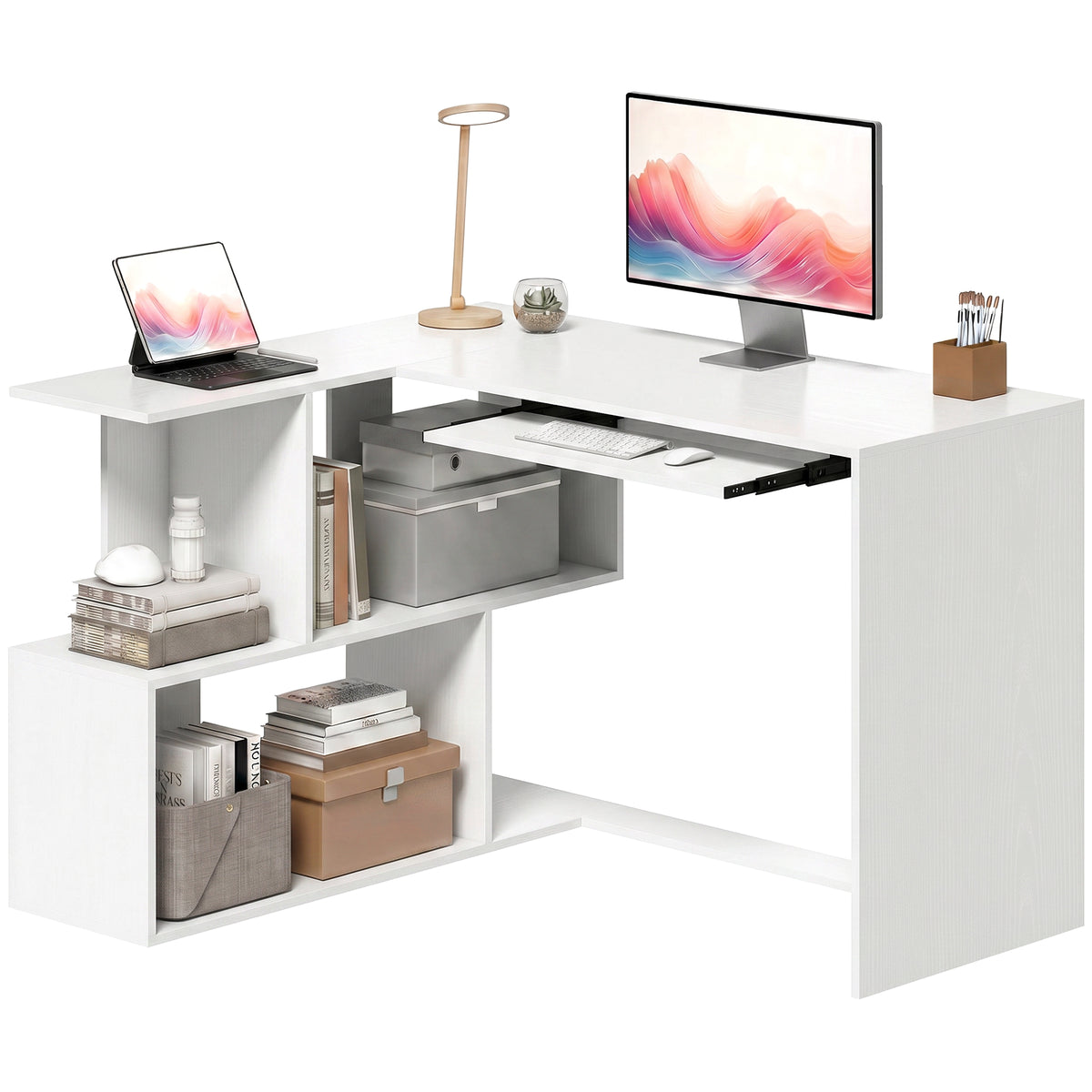 Eckschreibtisch, Computertisch mit Tastaturauszug und offenen Ablagen, weißer Holz-Look