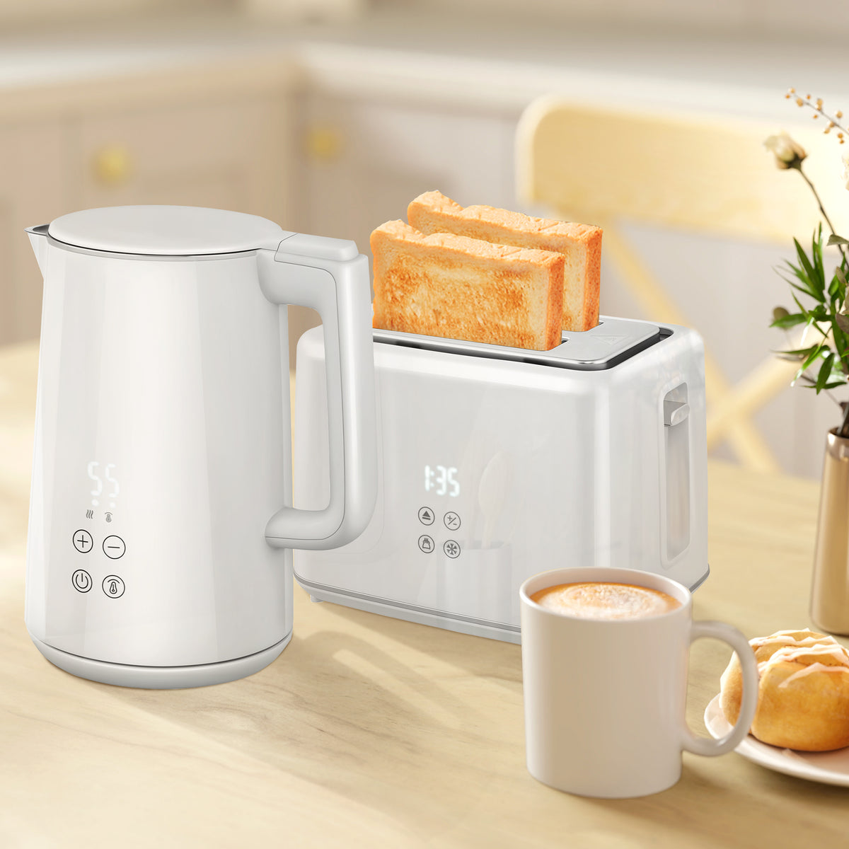 K¨¹chenset mit Wasserkocher und Toaster, 7 Br?unungsstufen, schnelles Kochen, Edelstahl, Kunststoff, Wei?