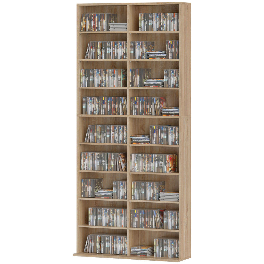 9-stufiges DVD-Regal mit 18 Fächern und 14 verstellbaren Einlegeböden, Platz für 640 CDs, 360 DVDs oder 430 Blu-rays, Naturholz