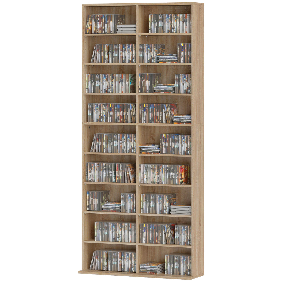9-stufiges DVD-Regal mit 18 Fächern und 14 verstellbaren Einlegeböden, Platz für 640 CDs, 360 DVDs oder 430 Blu-rays, Naturholz