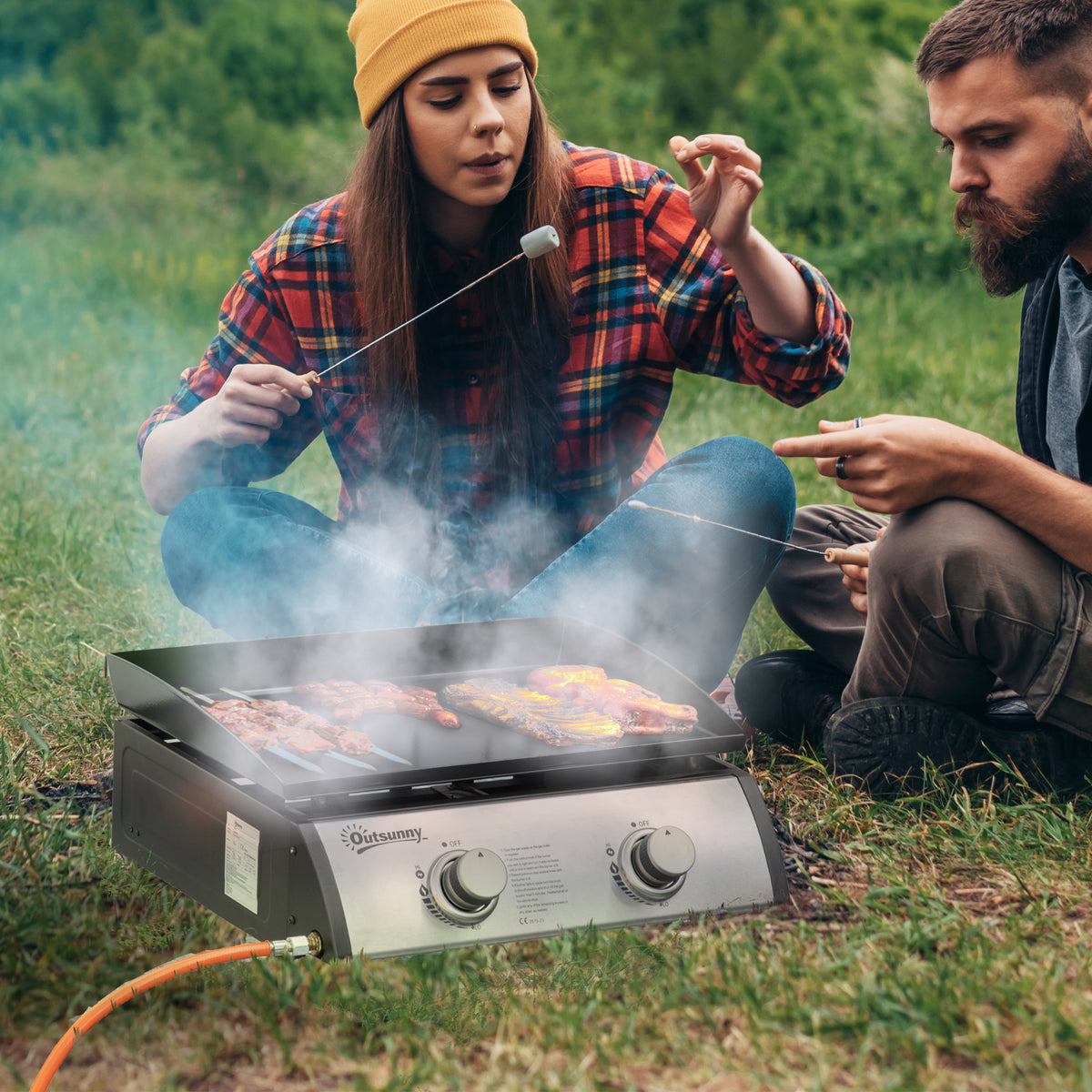 Gasgrill mit 2 Brennern, Schlauch, Antihaft-Grillplatte, Edelstahl, Farbe: Silber, 48,5 x 48 x 21 cm