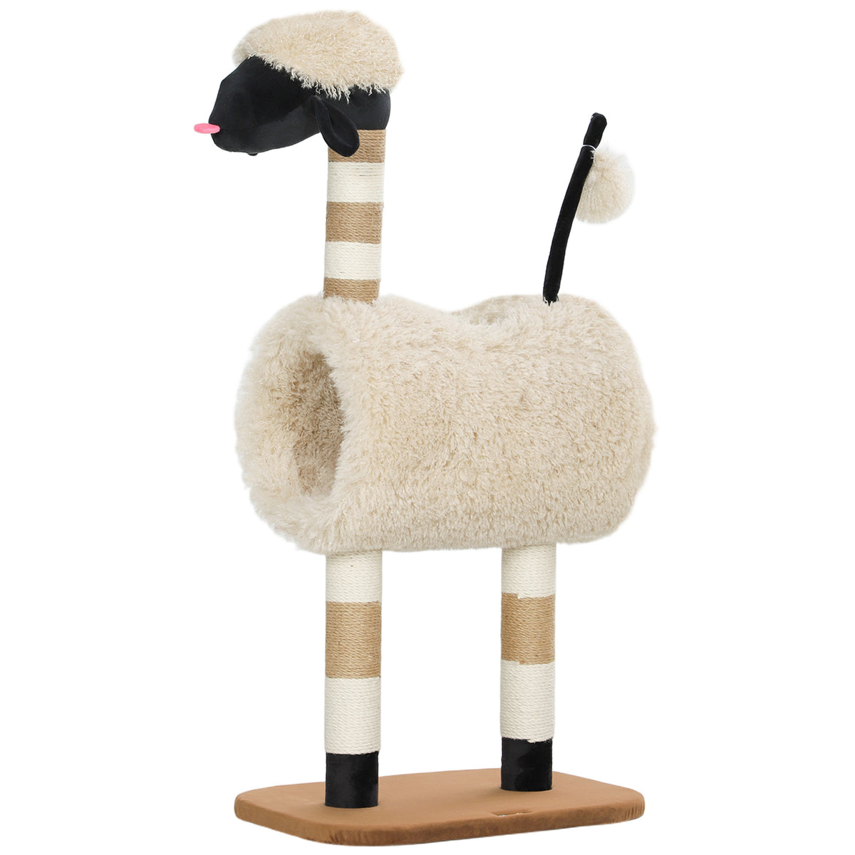 Katzenbaum im Schaf-Design, mit Kratzpfosten, Tunnel und Spielzeug, 98 cm, Hellbraun